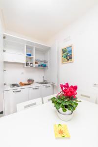 una cocina blanca con un jarrón de flores rojas en un mostrador en La Casetta, en Amalfi