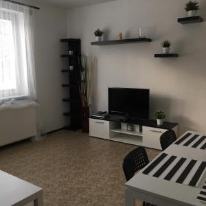 sala de estar con TV de pantalla plana y mesa en Apartmán Na Horách, en Zlatá Olešnice