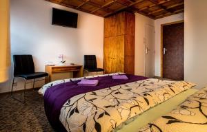 a bedroom with a large bed with two chairs and a desk at Penzión U Aleny in Ždiar