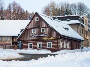 un bâtiment en bois avec de la neige au-dessus dans l'établissement Apartmány Veronika, à Rokytnice nad Jizerou