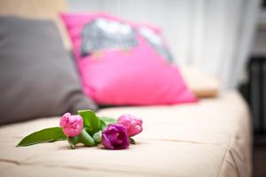 イェリトコボにあるApartament Pomorskaのソファに座るピンクの花束