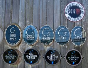 a bunch of signs on a wooden fence at Dolphin Hotel in Inishbofin