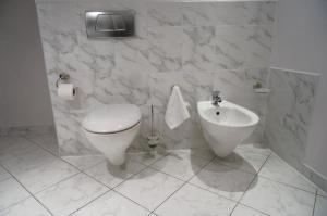 een witte badkamer met een toilet en een wastafel bij Dworek Aleksandria in Ciechocinek +22 foto's