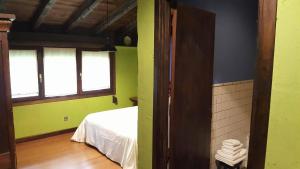 a room with a bed with green walls and windows at Hostal Itzalargikoborda in Elizondo