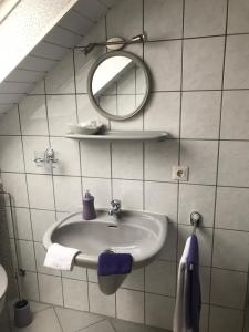 y baño con lavabo y espejo. en Pension Ulrich en Dahlem