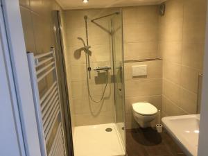 a bathroom with a shower and a toilet and a sink at Miniappartement Zini in Lindlar
