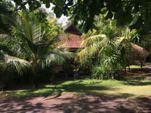 a house with palm trees in front of it at Jukung Bali Bungalow in Amed