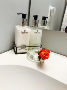 een rode roos op een toonbank naast twee flessen zeep bij Studio H St Corridor in Washington