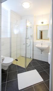 a bathroom with a shower and a toilet and a sink at Pension Einsiedl in Ottenschlag