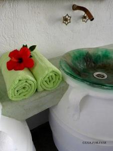 a bathroom with a sink and a towel with a flower on it at La Maison Vert Amande in Spathi 