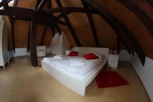 a bedroom with a white bed with two red pillows at Alte Apotheke in Radebeul