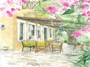a painting of a house with chairs and flowers at Vagia Traditional, Aegina Island in Vaia