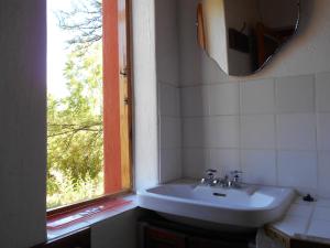 ein Bad mit einem Waschbecken und einem Fenster in der Unterkunft Red Rooster in Barrydale