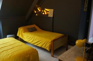 1 Schlafzimmer mit 2 Betten mit gelber Bettwäsche und einem Kronleuchter in der Unterkunft Le Petit Chaton in Parigné-lʼÉvêque