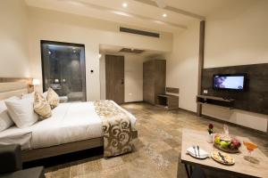 アフマドナガルにあるEnrise By Sayaji Ahmednagarのベッドとテレビが備わるホテルルームです。