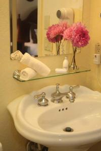 a bathroom sink with pink flowers and a mirror at Hillwinds Inn - Blowing Rock in Blowing Rock
