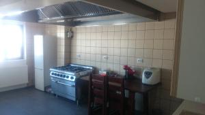 a kitchen with a stove and a refrigerator in it at Pensiunea Varful Roman in Horezu
