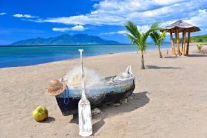 una barca sulla spiaggia con un gatto di Coconut Garden Beach Resort a Maumere