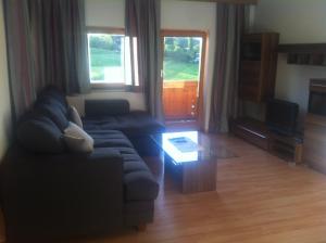 ein Wohnzimmer mit einem Sofa und einem Couchtisch in der Unterkunft Landhaus Peer in Innsbruck