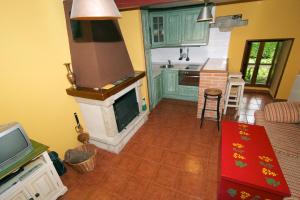 a living room with a fireplace and a kitchen at Hotel y AR Palacio Flórez Estrada in Pola de Somiedo