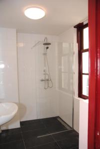 a bathroom with a shower and a sink at Zala's B&B in Utrecht