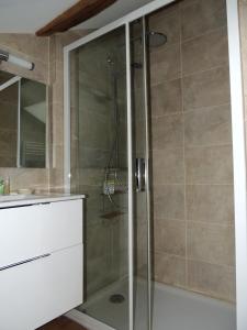 a shower with a glass door in a bathroom at Maison Romane 1136 in Cluny