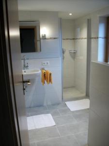 y baño con ducha, lavamanos y ducha. en Haus Alpenrose, en Schwangau