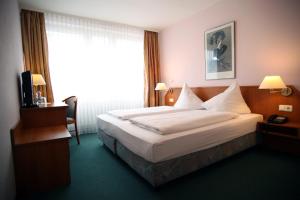 um quarto de hotel com uma cama grande e uma janela em Hotel Lafayette em Hamburgo