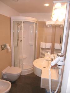 ein Bad mit einer Dusche, einem WC und einem Waschbecken in der Unterkunft Beach Hotel Du Lac Malcesine in Malcesine