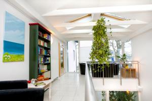 a living room with a potted plant and a book shelf at Haus Svantekahs in Glowe