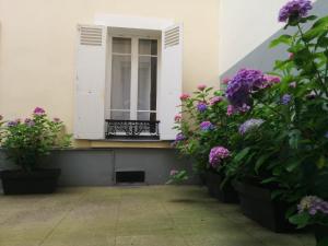 una ventana con flores púrpuras en el lateral de un edificio en La Cour du 5ème - Chambre d'hôtes, en París