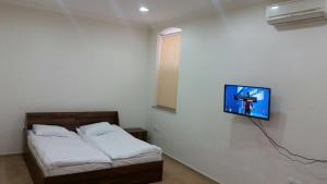 a bedroom with a bed and a tv on a wall at Baku Home Hostel in Baku