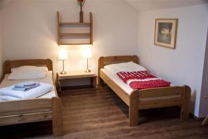 two beds in a room with two tables and two lamps at Ferienwohnung Hof Maiweg in Alt Schönau