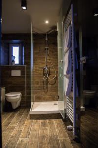 La salle de bains est pourvue d'une douche et de toilettes. dans l'établissement Les Chambres de Louise, à Habsheim