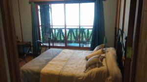 Schlafzimmer mit einem Bett und einem großen Fenster in der Unterkunft Finca Y Granja Loma Bonita in Turrialba