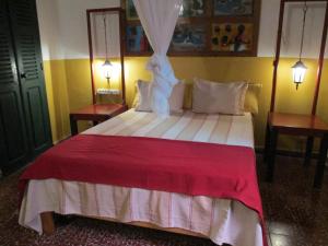 a bedroom with a large bed with a red blanket at Chez Eric in Gorée