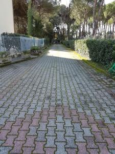 a cobblestone street with a fence and trees at La pineta in Marina di Massa