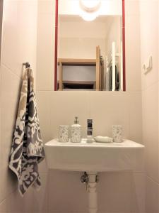 ein Badezimmer mit einem weißen Waschbecken und einem Spiegel in der Unterkunft Apartment Vltavska G in Prag