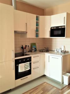 eine Küche mit weißen Schränken und einem schwarzen Backofen in der Unterkunft Apartment Vltavska G in Prag