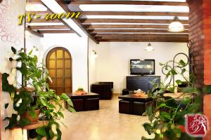 a living room with potted plants and a television at Villa Verdiana in Nettuno