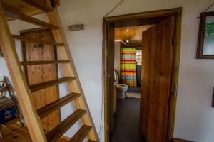 a wooden door leading to a bathroom with a toilet at Caldeira Guesthouse in Fajã da Caldeira de Santo Cristo