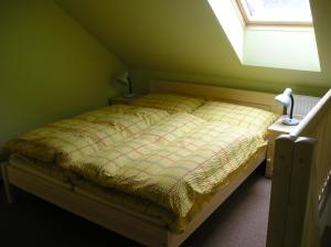a bed in a green bedroom with a window at Penzion U Dvou slunci in Stachy