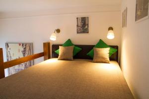 ブダペストにあるSomogyi Apartmanのベッド1台(緑の枕付)が備わる客室です。