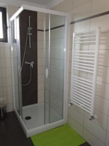 a shower in a bathroom with a green rug at Apartma Jezero in Most na Soči