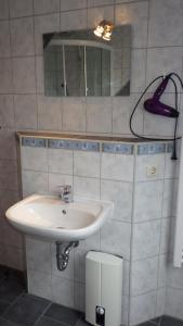 ein Bad mit einem Waschbecken und einem Spiegel in der Unterkunft Ferienwohnung Am Hegebusch in Altendorf