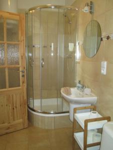 a bathroom with a shower and a sink at Apartmán U Kapličky in Hluboká nad Vltavou +37 photos