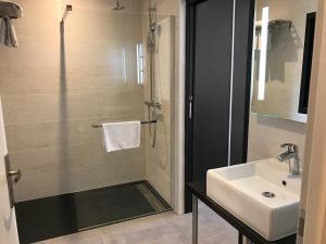 a bathroom with a shower and a sink at Les studios du Centre in La Teste-de-Buch