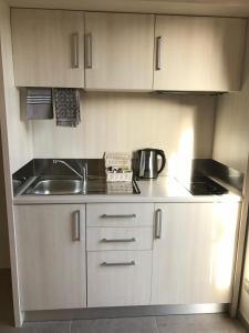 a kitchen with white cabinets and a sink and a stove at Les studios du Centre in La Teste-de-Buch