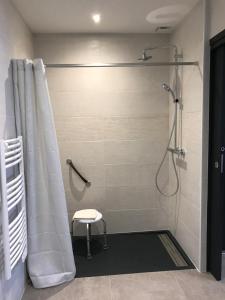 a bathroom with a shower with a stool and a shower curtain at Les studios du Centre in La Teste-de-Buch