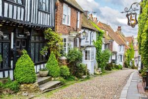 a cobblestone street in an old town with houses at Rye High Street in Rye